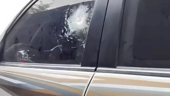 CONVOY ATTACK: A shattered window with a bullet hole is seen on a vehicle belonging to Bangsamoro Autonomous Region in Muslim Mindanao (BARMM) Interim Chief Minister Abdulraof Macacua’s convoy following an ambush by unidentified gunmen along the General Santos-Cotabato road in Maguindanao del Norte on Saturday. (Photo screen grabbed from DXMY Cotabato)