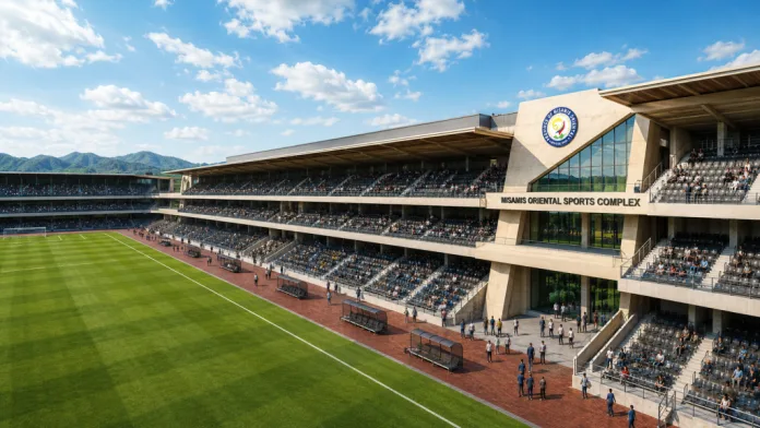 An architectural rendering shows the proposed ₱300 million rehabilitation of the Don Gregorio Pelaez Sports Center in Cagayan de Oro City. Funded through joint ₱100 million contributions from the Province of Misamis Oriental, Cagayan de Oro City, and 2nd District Rep. Rufus Rodriguez, the upgraded facility features a 5,000-seat grandstand, modern rubberized tracks, and a three-story multipurpose center with athlete dormitories. (Photo courtesy of Misamis Oriental Provincial Information Office)