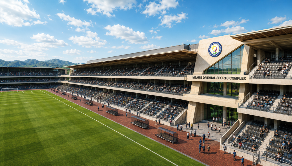 An architectural rendering shows the proposed ₱300 million rehabilitation of the Don Gregorio Pelaez Sports Center in Cagayan de Oro City. Funded through joint ₱100 million contributions from the Province of Misamis Oriental, Cagayan de Oro City, and 2nd District Rep. Rufus Rodriguez, the upgraded facility features a 5,000-seat grandstand, modern rubberized tracks, and a three-story multipurpose center with athlete dormitories. (Photo courtesy of Misamis Oriental Provincial Information Office)
