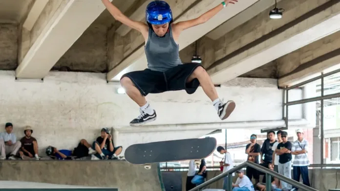 Cheska Adrienne Edulan performs an aerial trick during the Kadayawan Skateboarding Competition in Davao City. Edulan won the women's division, claiming her first major championship title after years of podium finishes. Photo Courtesy of Skateboarding Dabaw