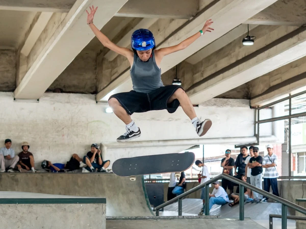 Cheska Adrienne Edulan performs an aerial trick during the Kadayawan Skateboarding Competition in Davao City. Edulan won the women's division, claiming her first major championship title after years of podium finishes. Photo Courtesy of Skateboarding Dabaw