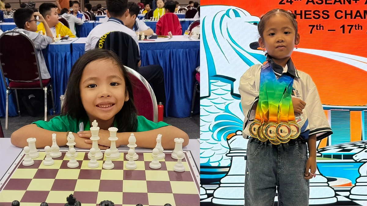 Six-year-old Philippine chess player Elisha Abanilla Romarate of Dipolog City, Zamboanga del Norte, poses at her tournament board (left) and displays her medal haul (right) at the 24th ASEAN+ Age-Group Chess Championships in Singapore. Trained by National Master Geronimo Romarate, she won four golds and two silvers in the Girls Under-6 division. (Photo courtesy of National Chess Federation of the Philippines / Romarate Family)