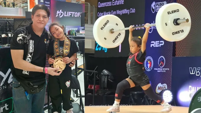 Seven-year-old weightlifter Euhanne Queencess Masangkay poses with her coach and grandfather Cirilo Dayao (left) and lifts on stage (right) at the Hidilyn Diaz LIFTOFF Championships in Makati City. (Photo Courtesy of Dayao family)