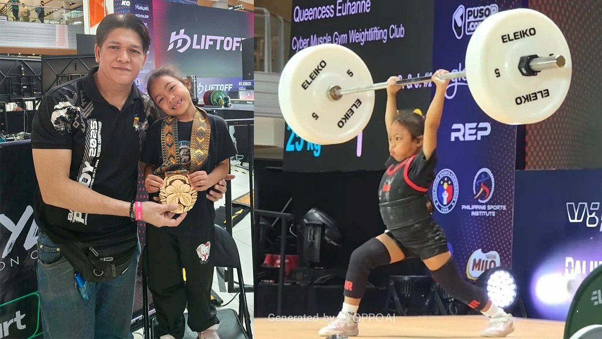 Seven-year-old weightlifter Euhanne Queencess Masangkay poses with her coach and grandfather Cirilo Dayao (left) and lifts on stage (right) at the Hidilyn Diaz LIFTOFF Championships in Makati City. (Photo Courtesy of Dayao family)