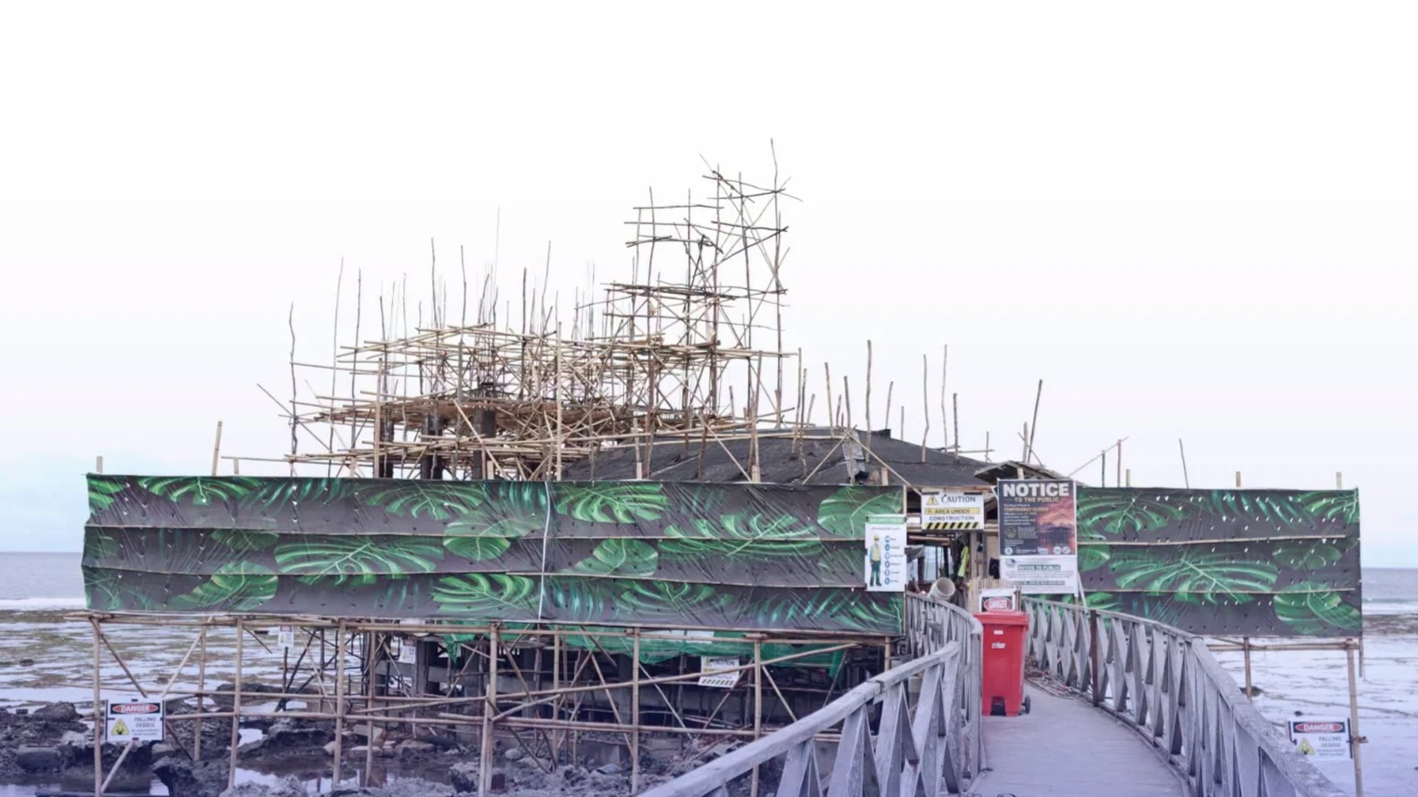 Construction scaffolds line the iconic Cloud 9 boardwalk tower in General Luna, Siargao Island, during ongoing rehabilitation works on Thursday, July 31, 2026. Municipal leaders and tourism officials inspected the coastal development site to ensure facility upgrades, including new public restrooms and first-aid booths, are completed before the 2026 World Surf League Championship Tour begins on Oct. 31. (Photo courtesy of Lingkod Lapid FB)