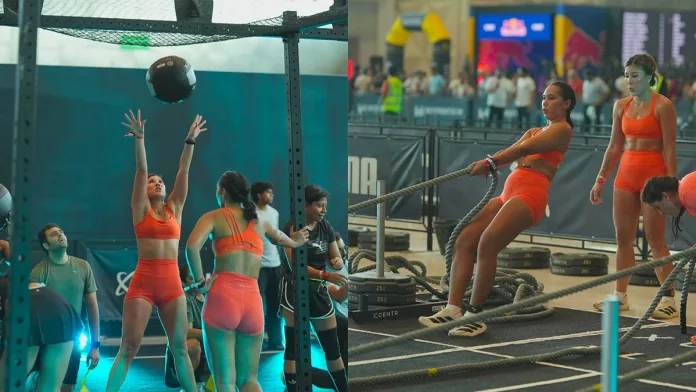 Desiree Adrienne Lim Yu (left, panel 1) and Fate Alejandra (right, panel 1) display intense focus during different segments of their HYROX Delhi race in New Delhi, India. After navigating a three-lap course format, the doubles partners earned their first international podium finish, proving that rigorous remote preparation can lead to global success. (Photo courtesy of Desiree Adrienne Yu / Fate Alejandra)