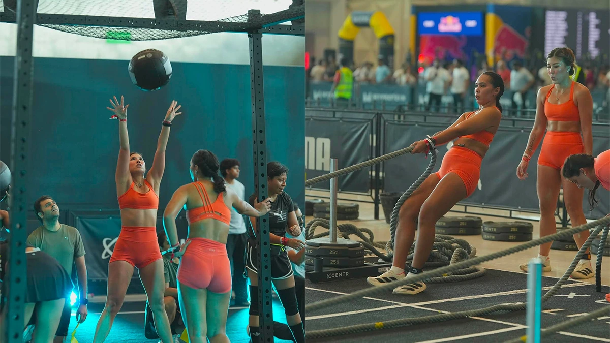 Desiree Adrienne Lim Yu (left, panel 1) and Fate Alejandra (right, panel 1) display intense focus during different segments of their HYROX Delhi race in New Delhi, India. After navigating a three-lap course format, the doubles partners earned their first international podium finish, proving that rigorous remote preparation can lead to global success. (Photo courtesy of Desiree Adrienne Yu / Fate Alejandra)