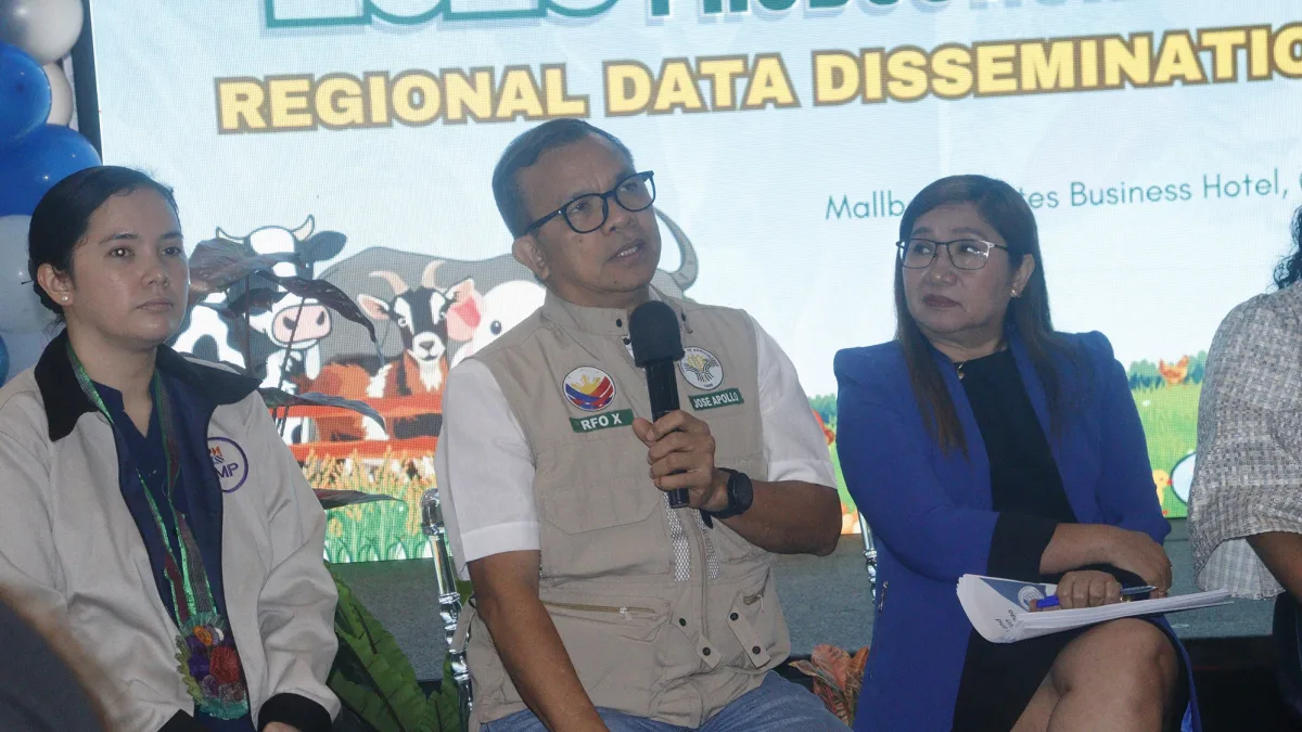 AGRICULTURAL BOOST: Department of Agriculture Region 10 (DA-10) Executive Director Jose Apollo Y. Pacamalan, center, speaks during the Regional Data Dissemination Forum at Mallberry Suites Business Hotel in Cagayan de Oro City. Seated beside him are Stephanie C. Tomarong, left, OIC of BFAR-10's Planning, Monitoring, and Evaluation Unit, and fellow panel members. (Photo courtesy of PSA 10)