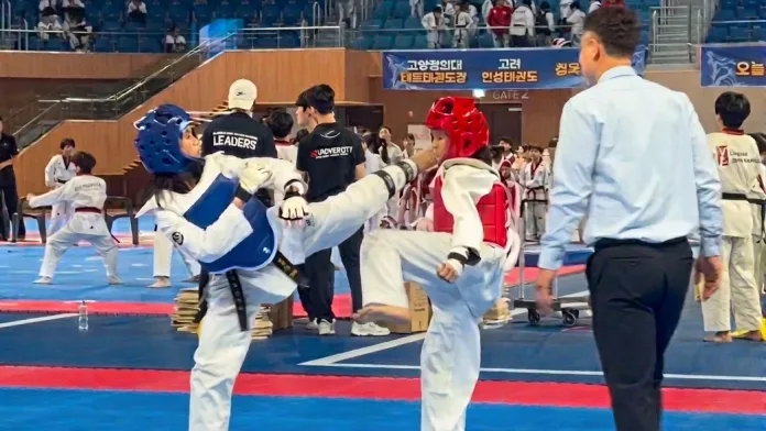 Krizscha T. Luche and her opponent exchange kicks under the watchful eye of a referee during the 2026 World Organization of Taekwondo Federations Championships in Incheon, South Korea. Student-athletes Luche and Kila Rendel M. Naval of Koronadal City overcame years of early morning training, weight cuts, and intense competition to secure gold, silver, and bronze medals on the international stage. (Photo courtesy of Kring Luche)