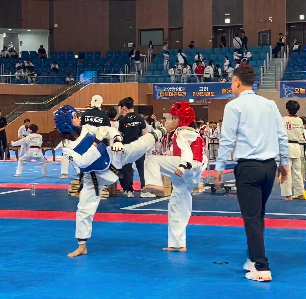 Krizscha T. Luche and her opponent exchange kicks under the watchful eye of a referee during the 2026 World Organization of Taekwondo Federations Championships in Incheon, South Korea. Student-athletes Luche and Kila Rendel M. Naval of Koronadal City overcame years of early morning training, weight cuts, and intense competition to secure gold, silver, and bronze medals on the international stage. (Photo courtesy of Kring Luche)