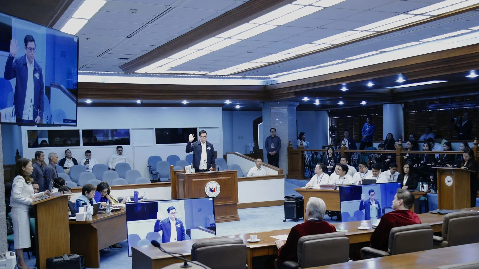 OVP Assistant Chief of Staff Lemuel Ortonio takes his oath inside the Senate Session Hall during the impeachment trial of Vice President Sara Duterte. Ortonio's testimony addressed the Office of the Vice President's (OVP) management of ₱625 million in confidential funds and Notice of Disallowance findings by the Commission on Audit. (Photo courtesy of Senate of the Philippines)