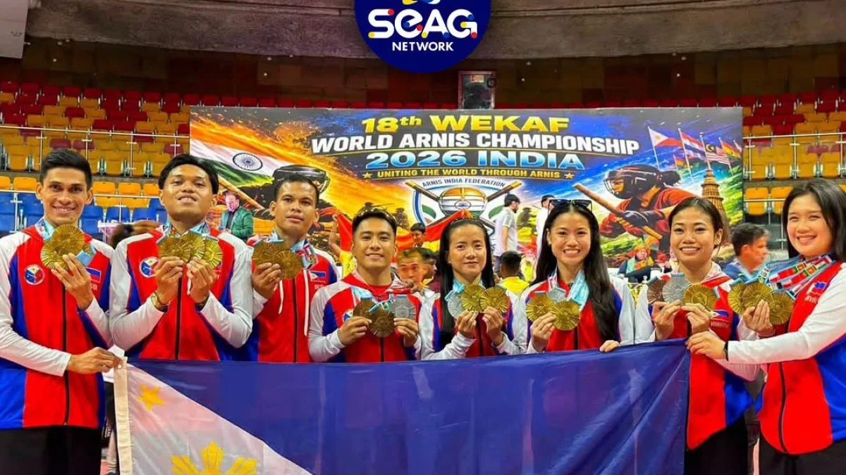 Filipino arnisadors display their medal haul inside Talkatora Indoor Stadium in New Delhi, India, on Tuesday, Aug. 4, 2026, following the 18th WEKAF World Championships. The national team's performance across traditional forms and contact sparring divisions highlights ongoing regional grassroots qualifying programs and national sports development efforts for indigenous Filipino martial arts. (Photo courtesy of SEAG Network)