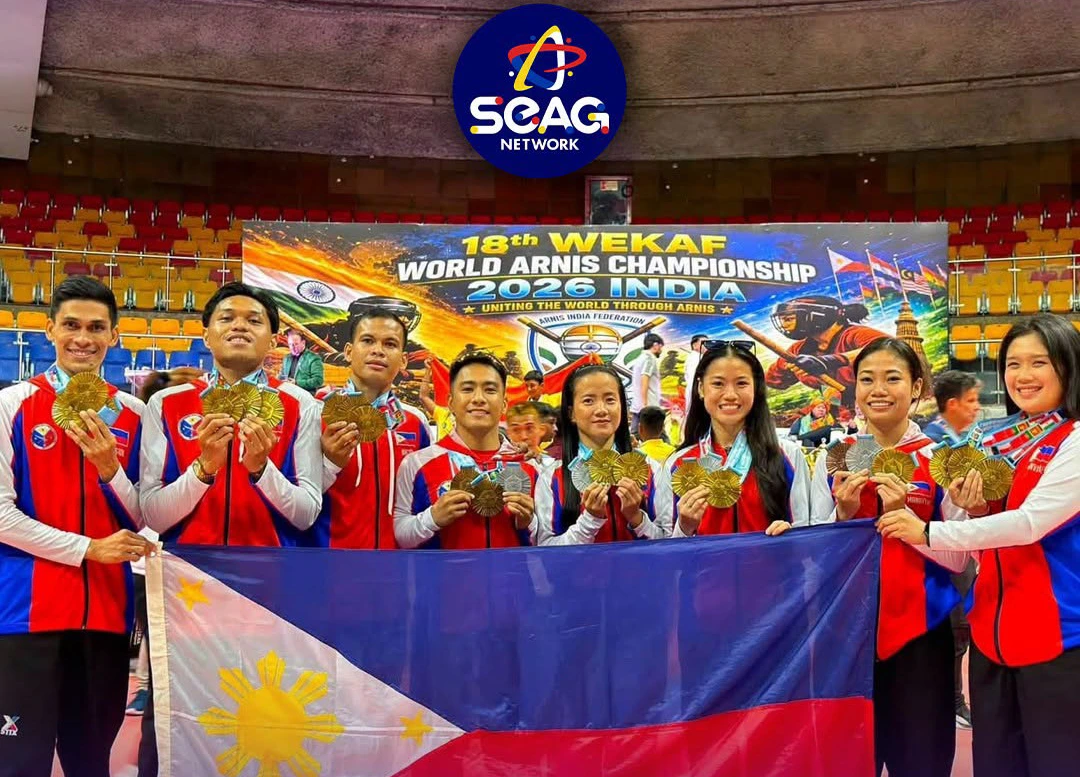 Filipino arnisadors display their medal haul inside Talkatora Indoor Stadium in New Delhi, India, on Tuesday, Aug. 4, 2026, following the 18th WEKAF World Championships. The national team's performance across traditional forms and contact sparring divisions highlights ongoing regional grassroots qualifying programs and national sports development efforts for indigenous Filipino martial arts. (Photo courtesy of SEAG Network)