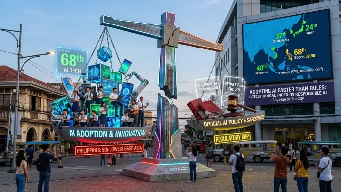 A visual representation illustrates the gap between the Philippines' rapid AI adoption and lagging policy safeguards, highlighting its 68th global ranking. AI Generated image