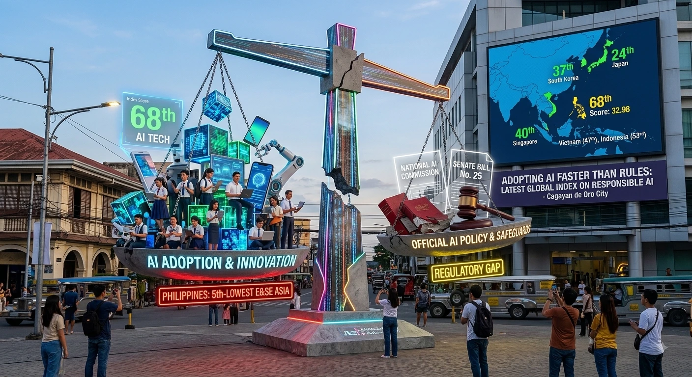 A visual representation illustrates the gap between the Philippines' rapid AI adoption and lagging policy safeguards, highlighting its 68th global ranking. AI Generated image