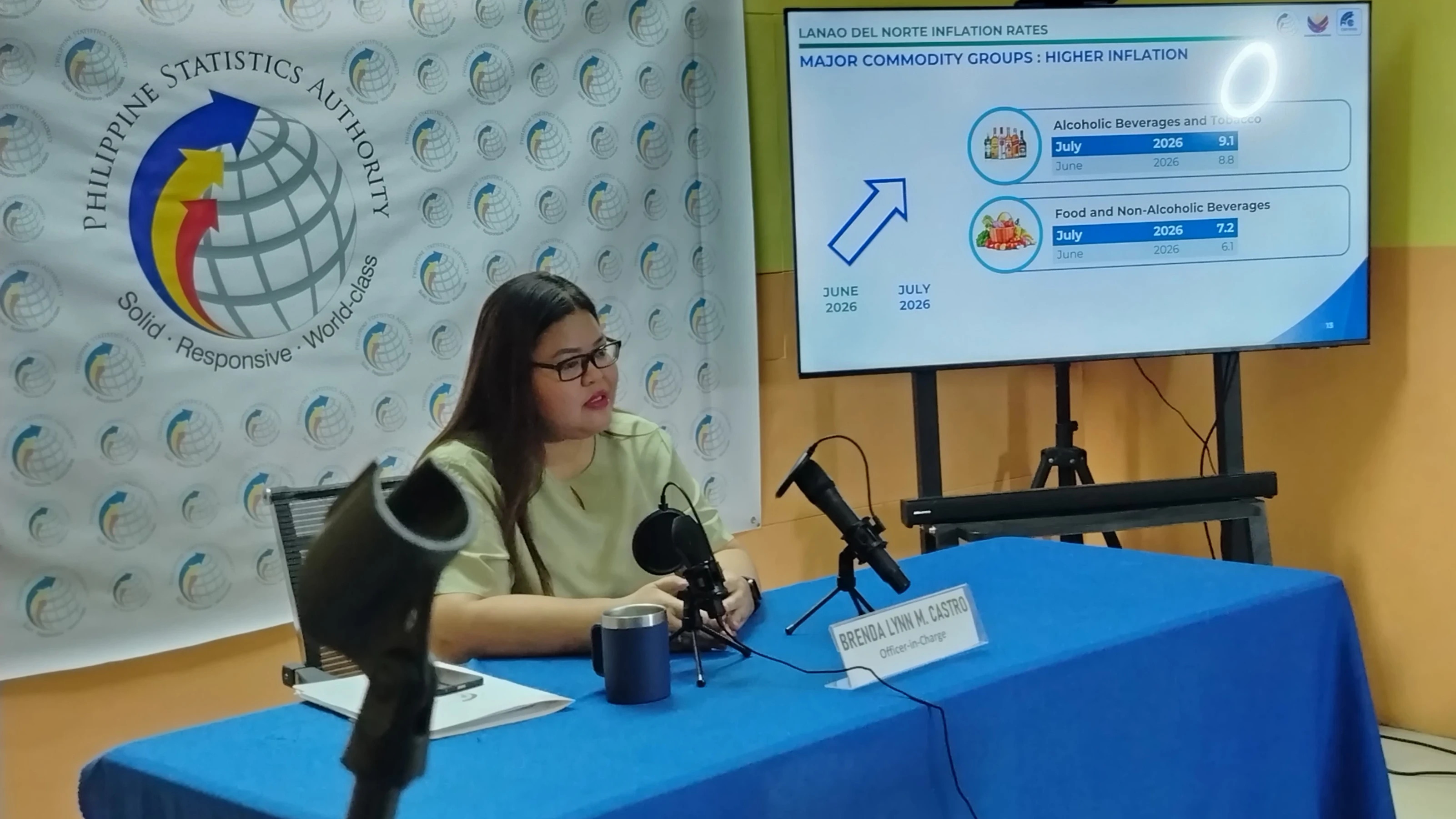 Brenda Lynn M. Castro, officer-in-charge of the Philippine Statistics Authority (PSA) for Iligan City and Lanao del Norte, presents regional economic data showing a rise in July inflation rates during a press conference in Iligan City on Thursday, Aug. 13. According to the PSA, Lanao del Norte and Iligan City recorded the highest inflation rates in Northern Mindanao for July at 8.3% and 7.9%, respectively. (Photo by Bonita L. Ermac)
