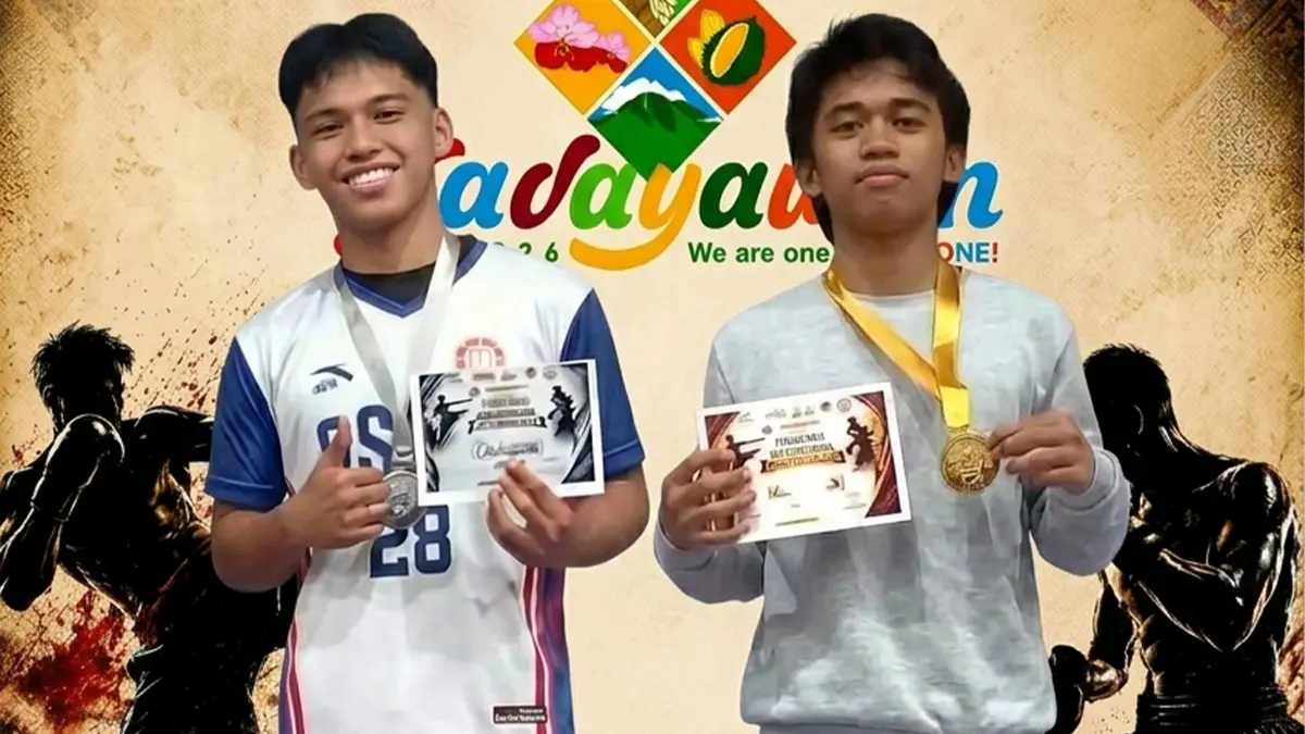 Samal Senior High School athletes Tom Emmanuel S. Gonzales (left, silver) and Bann Ford R. Quilaton (right, gold) display their medals after competing in the Kadayawan Kickboxing Tournament at LPU Davao on Saturday, Aug. 15, 2026. (Photo courtesy of Samal Senior High School)
