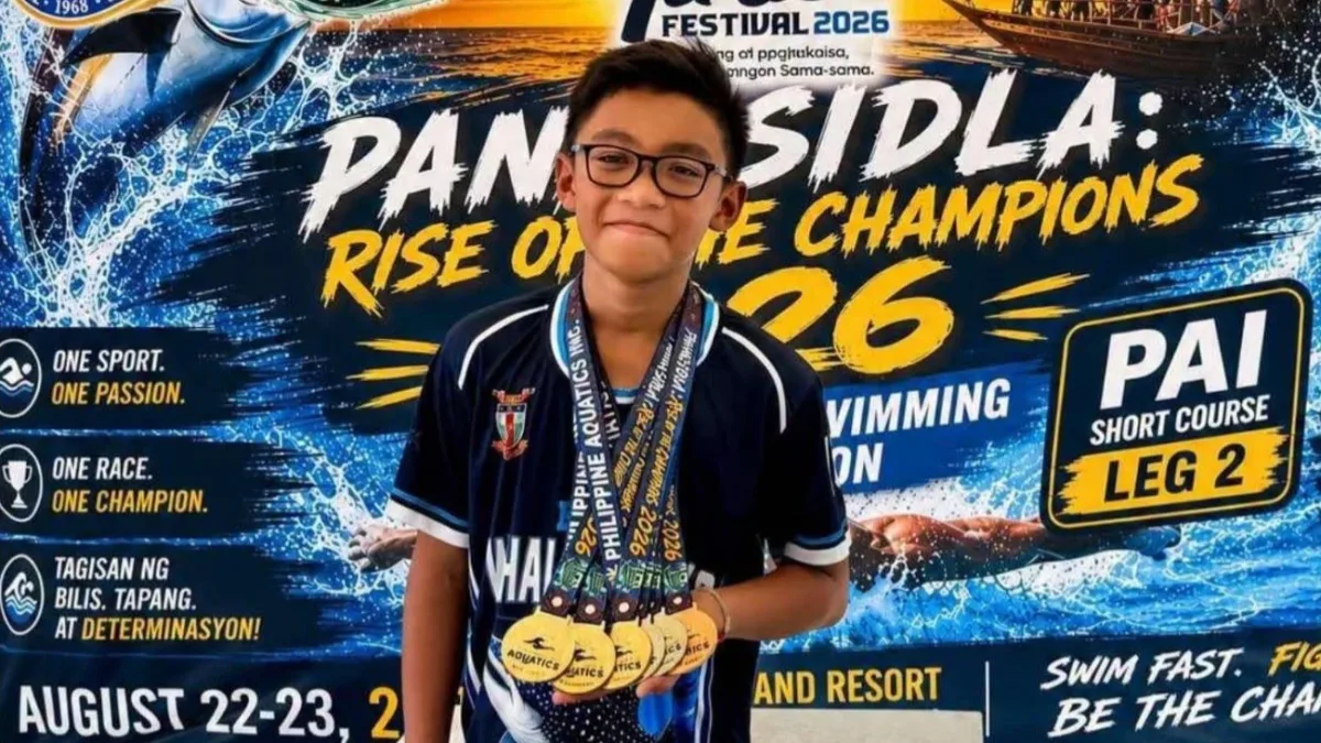 Rosevale School student Xarles Axle P. Montecillo poses with his medals at the Panagsidla: Rise of the Champions 2026 swimming competition in General Santos City. The Philippine Aquatics Short Course Leg 2 event took place at LC5 Farm & Resort as part of the 2026 Tuna Festival sports activities. (Supplied photo)