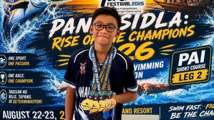 Rosevale School student Xarles Axle P. Montecillo poses with his medals at the Panagsidla: Rise of the Champions 2026 swimming competition in General Santos City. The Philippine Aquatics Short Course Leg 2 event took place at LC5 Farm & Resort as part of the 2026 Tuna Festival sports activities. (Supplied photo)