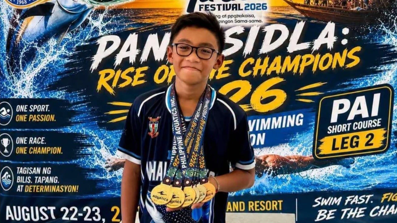 Rosevale School student Xarles Axle P. Montecillo poses with his medals at the Panagsidla: Rise of the Champions 2026 swimming competition in General Santos City. The Philippine Aquatics Short Course Leg 2 event took place at LC5 Farm & Resort as part of the 2026 Tuna Festival sports activities. (Supplied photo)