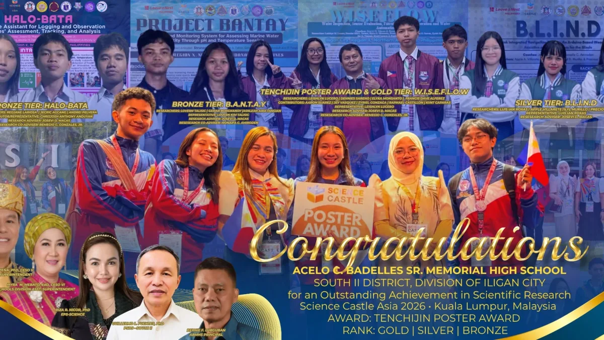 Acelo C. Badelles Sr. Memorial High School (ABMHS) student researchers from Barangay Tipanoy, Iligan City, win the Tenchijin Poster Award, Gold, Silver, and Bronze ranks at Science Castle Asia 2026 at Universiti Sains Islam Malaysia. Led by advisers Josevi D. Macas and Monaifa C. Amiroden, the team developed WISE-FLOW, B.L.I.N.D., BANTAY, and HALO-Bata to address health and safety needs in Northern Mindanao. (Photo courtesy of ABMHS)