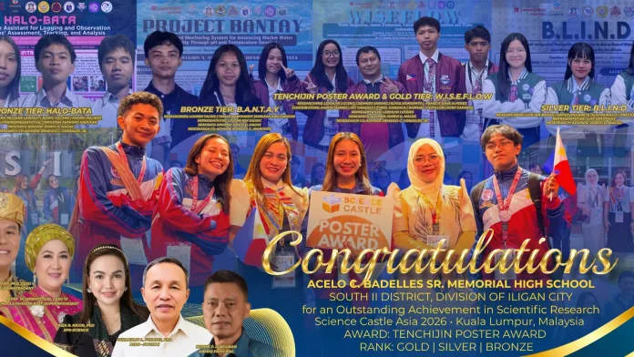Acelo C. Badelles Sr. Memorial High School (ABMHS) student researchers from Barangay Tipanoy, Iligan City, win the Tenchijin Poster Award, Gold, Silver, and Bronze ranks at Science Castle Asia 2026 at Universiti Sains Islam Malaysia. Led by advisers Josevi D. Macas and Monaifa C. Amiroden, the team developed WISE-FLOW, B.L.I.N.D., BANTAY, and HALO-Bata to address health and safety needs in Northern Mindanao. (Photo courtesy of ABMHS)