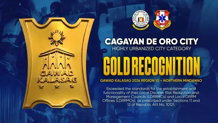 Graphic showing a gold 2026 Gawad Kalasag award shield next to text announcing Cagayan de Oro City as a Gold Recognition winner in the Highly Urbanized City Category for Northern Mindanao. The graphic includes official city seals and information on DRRM compliance under RA 10121[cite: 13].