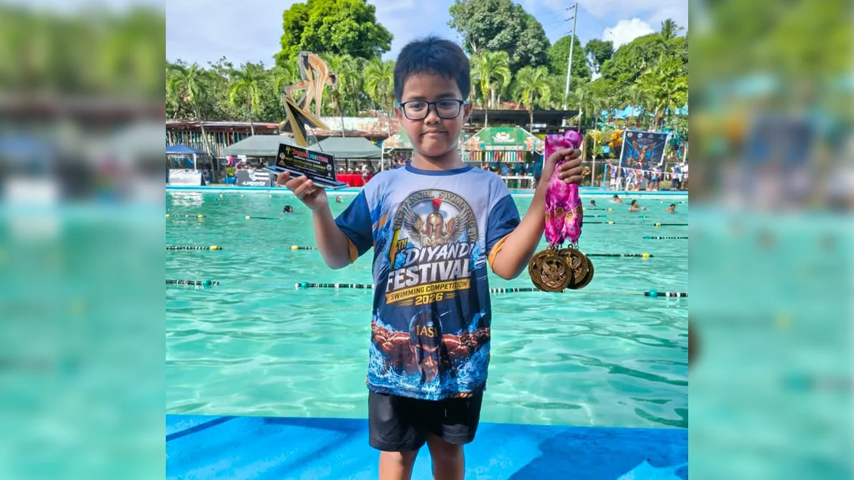 Cagayan de Oro swimmer Carl Fredrick Quizon of Team E-Warriors wins Most Outstanding Swimmer at the Diyandi Festival Swimming Competition. Under Coach Erickson Jadap, the 8-year-old athlete secured six golds and one silver, competing against swimmers from Mindanao and Visayas. (Photo supplied)