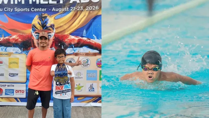 Eight-year-old swimmer Carl Fredrick Quizon, right, poses with coach Erickson Jadap while wearing six gold medals at the 3rd Cebu Race Pace Swim Meet ABC at the Cebu City Sports Center in Cebu City, Philippines, on Aug. 23, 2026. Inset: Quizon competes in the butterfly stroke event during the competition, where he earned the Most Outstanding Swimmer title for Category A. Photo courtesy Quizon family.