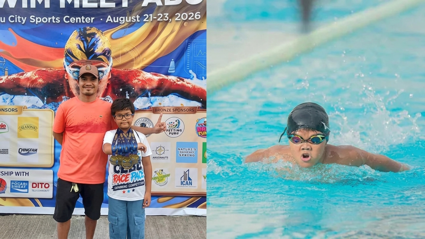 Eight-year-old swimmer Carl Fredrick Quizon, right, poses with coach Erickson Jadap while wearing six gold medals at the 3rd Cebu Race Pace Swim Meet ABC at the Cebu City Sports Center in Cebu City, Philippines, on Aug. 23, 2026. Inset: Quizon competes in the butterfly stroke event during the competition, where he earned the Most Outstanding Swimmer title for Category A. Photo courtesy Quizon family.