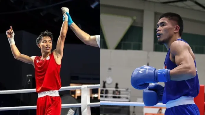 A split composite image showing Japanese boxer Rui Yamaguchi on the left celebrating with his hand raised in a red singlet, and Filipino boxer Carlo Paalam on the right in a blue singlet during a bout.