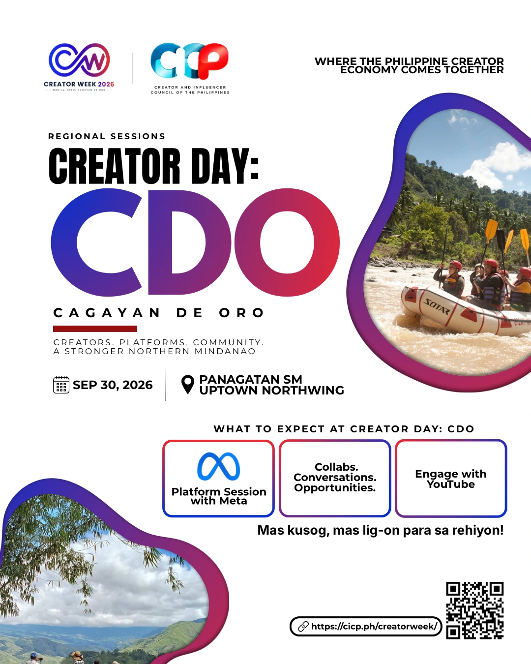 Promotional graphic for Creator Day: CDO 2026 at Panagatan SM Uptown Northwing in Cagayan de Oro City. The Creator and Influencer Council of the Philippines (CICP) and Mindanaoan.com host Meta and YouTube for Creator Week 2026 to empower digital creators across Northern Mindanao. (Graphic courtesy of Creator and Influencer Council of the Philippines / Mindanaoan.com)