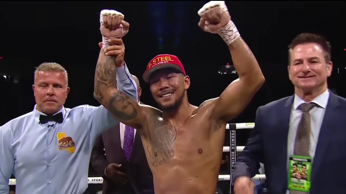 Philippine Olympic boxer Eumir Marcial celebrates his victory during a Premier Boxing Champions middleweight bout. The Filipino fighter continues his professional boxing career with strong performances in the United States. (Photo: Screen grab from Premier Boxing Champions YouTube)