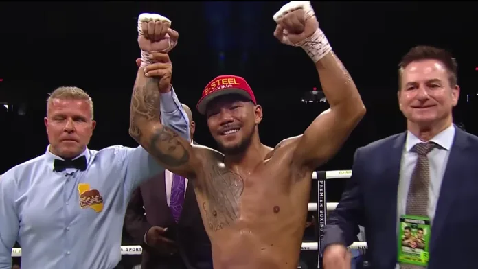 Philippine Olympic boxer Eumir Marcial celebrates his victory during a Premier Boxing Champions middleweight bout. The Filipino fighter continues his professional boxing career with strong performances in the United States. (Photo: Screen grab from Premier Boxing Champions YouTube)