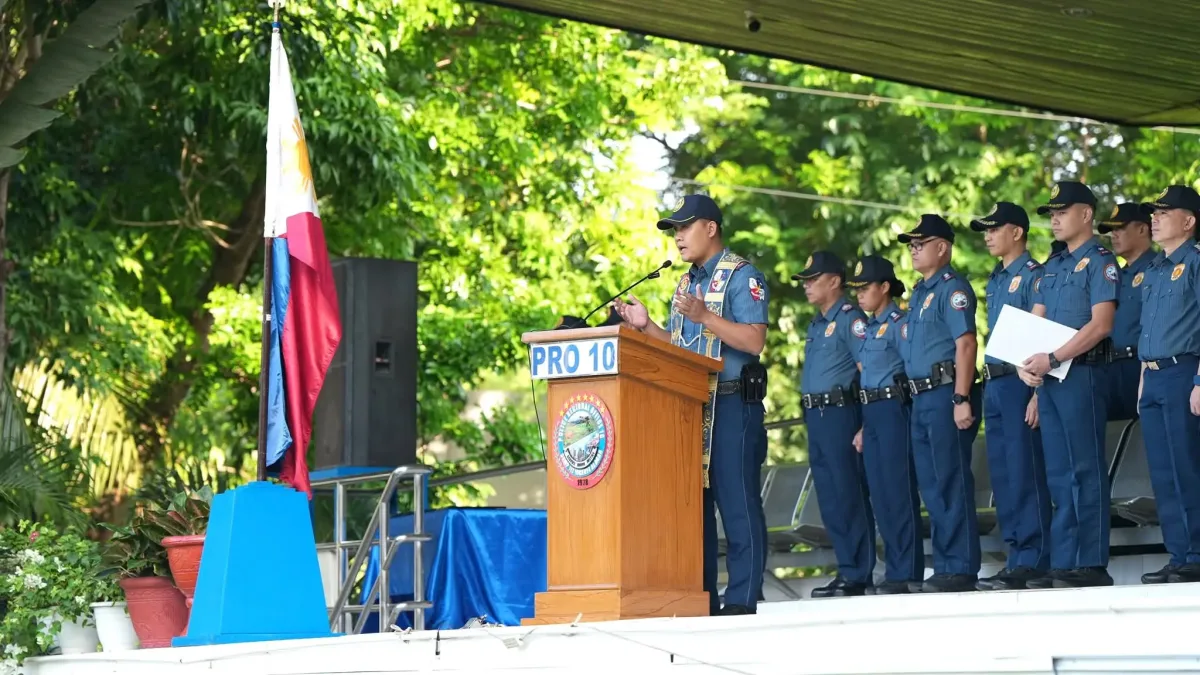 Police Regional Office 10 Regional Director PBGen. Nestor C. Babagay Jr. commends awardees at Camp 1Lt. Vicente G. Alagar in Lapasan, Cagayan de Oro City. The Sept. 14, 2026 ceremony highlighted PRO-10 accomplishments in Northern Mindanao, including 217 arrests, ₱6.78 million in shabu seizures, and key Most Wanted Person arrests. (Photo courtesy of PNP-10)