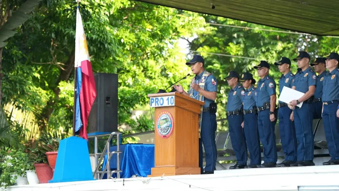 Police Regional Office 10 Regional Director PBGen. Nestor C. Babagay Jr. commends awardees at Camp 1Lt. Vicente G. Alagar in Lapasan, Cagayan de Oro City. The Sept. 14, 2026 ceremony highlighted PRO-10 accomplishments in Northern Mindanao, including 217 arrests, ₱6.78 million in shabu seizures, and key Most Wanted Person arrests. (Photo courtesy of PNP-10)