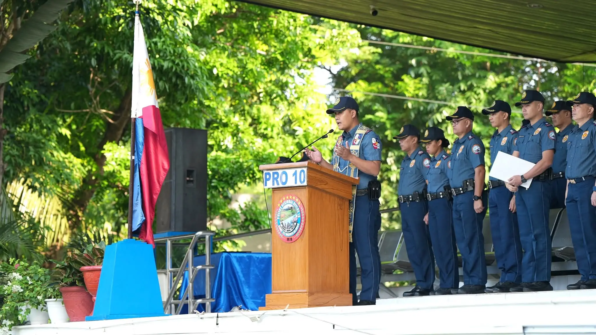 Police Regional Office 10 Regional Director PBGen. Nestor C. Babagay Jr. commends awardees at Camp 1Lt. Vicente G. Alagar in Lapasan, Cagayan de Oro City. The Sept. 14, 2026 ceremony highlighted PRO-10 accomplishments in Northern Mindanao, including 217 arrests, ₱6.78 million in shabu seizures, and key Most Wanted Person arrests. (Photo courtesy of PNP-10)