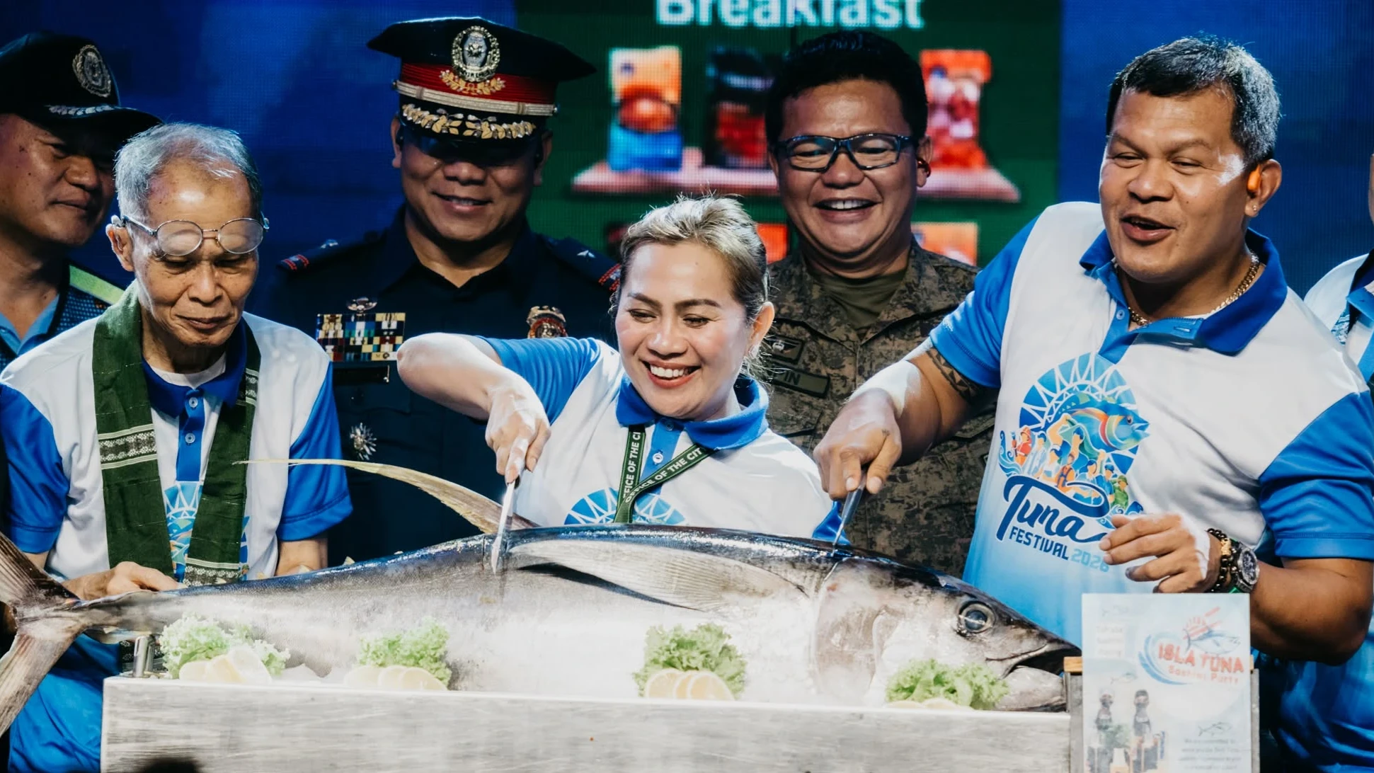 General Santos City Mayor Lorelie Geronimo-Pacquiao and local officials participate in the ceremonial slicing of a large tuna during the opening of Tuna Festival 2026. The annual event celebrates the city's rich fishing heritage while highlighting community resilience and local economic recovery. Photo Courtesy of Gensan Tuna Festival FB
