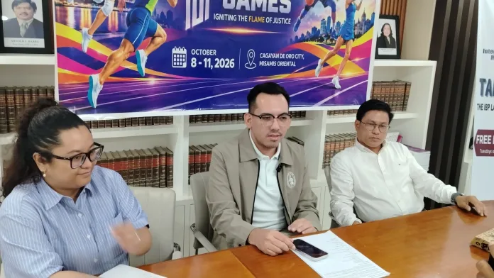 Integrated Bar of the Philippines (IBP) Misamis Oriental Chapter leaders, including President Atty. Gregorio Miguel Pallugna and Board Member Atty. Robert Maestre, address media members during a press conference for the 1st IBP National Games at their office in Cagayan de Oro City.