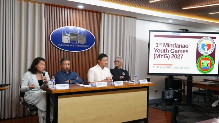 Lanao del Norte Gov. Mohamad Khalid Dimaporo, Rep. Imelda “Angging” Quibranza-Dimaporo, and PSC Chairman Patrick Gregorio unveil the 1st Mindanao Youth Games (MYG) 2027. The tournament will bring 7,000 youth athletes to the Mindanao Civic Center (MCC) complex in Tubod, accessible via the Panguil Bay Bridge from Misamis Occidental and across Northern Mindanao. (Photo courtesy of PSC)