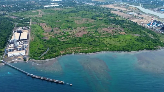 Aerial view of the PHIVIDEC Industrial Estate coastline and deep-water port facilities in Tagoloan, Misamis Oriental, the designated site for the planned 300-hectare Philippine Navy base.