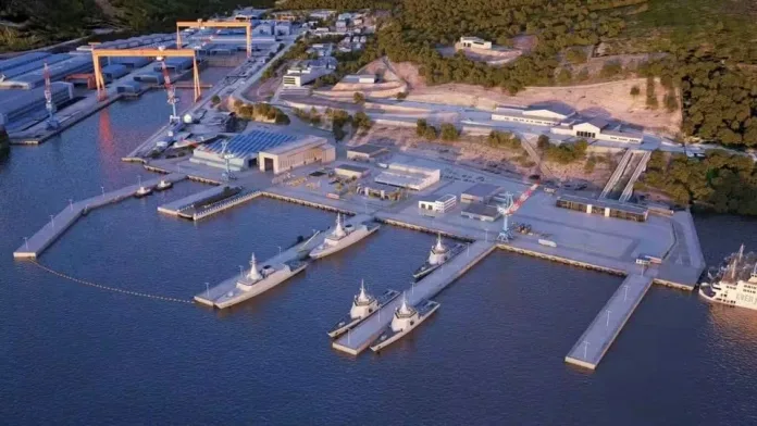 Cagayan de Oro Rep. Rufus Rodriguez and Defense Secretary Gilbert Teodoro review plans for a ₱40-billion naval base in Tagoloan, Misamis Oriental. Situated in the PHIVIDEC industrial complex near Cagayan de Oro and Lumbia Airbase, the proposed Philippine Navy facility will feature a dry dock, ship maintenance yard, and regional disaster response hub for Northern Mindanao. (Rendered image supplied)