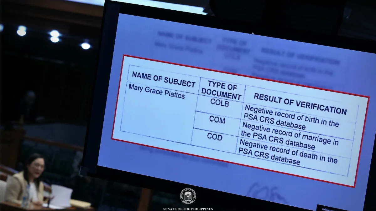 DOCUMENT EVIDENCE: A monitor screen inside the Senate session hall displays Philippine Statistics Authority (PSA) verification results on Day 22 of the impeachment trial of Vice President Sara Duterte in Pasay City on Sept. 7, 2026. (Photo courtesy of Senate of the Philippines FB)