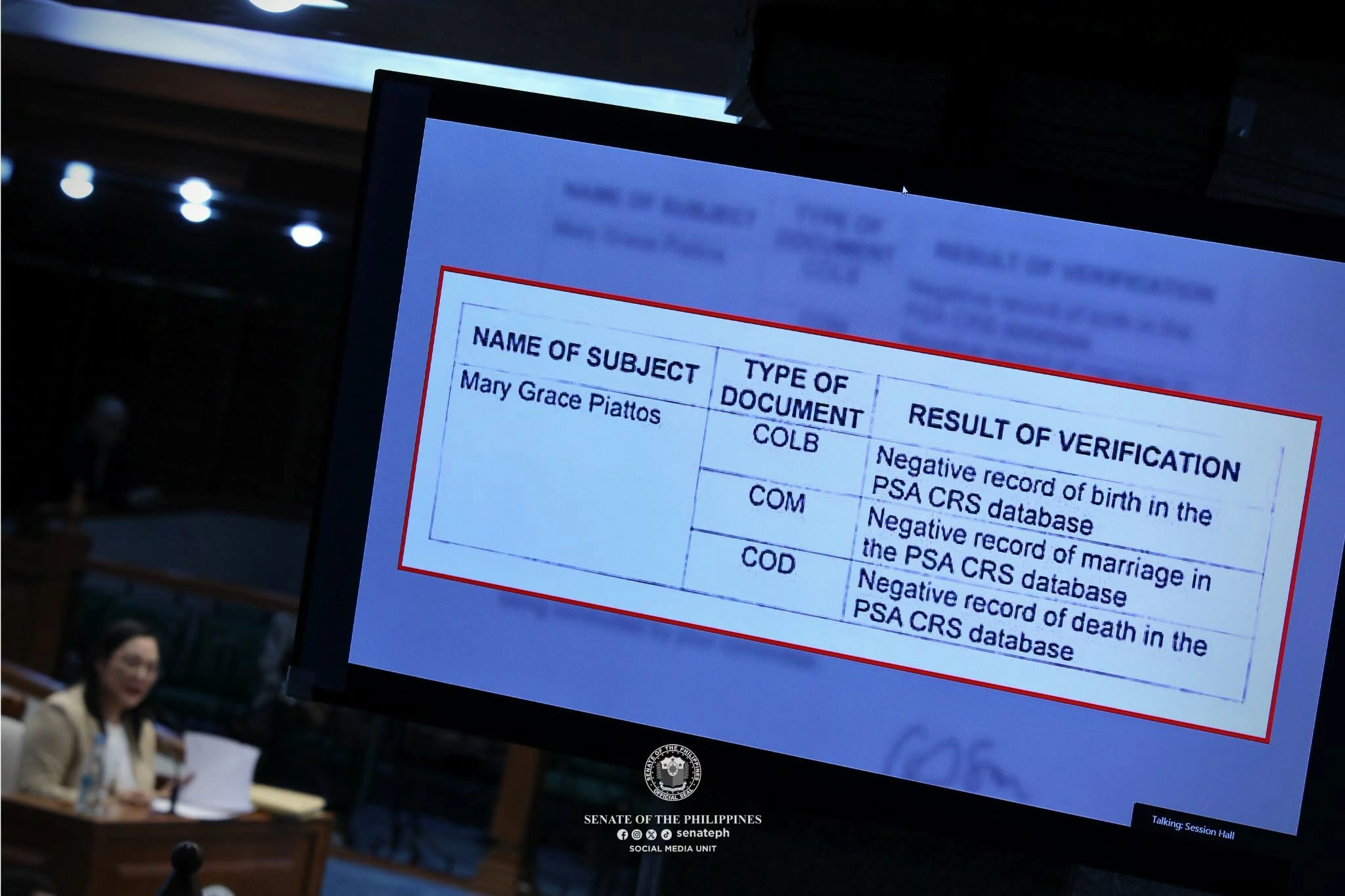DOCUMENT EVIDENCE: A monitor screen inside the Senate session hall displays Philippine Statistics Authority (PSA) verification results on Day 22 of the impeachment trial of Vice President Sara Duterte in Pasay City on Sept. 7, 2026. (Photo courtesy of Senate of the Philippines FB)