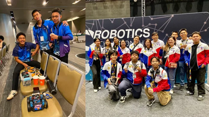Student innovators Cris Sergie M. Amores, Rainier Y. Alvarico, Lean D. Ponce, and coach Marichu Miscala of Maigo National High School display their custom robots alongside the Philippine delegation. (Photo courtesy of Maigo National High School) (MNHS Lanorte Autobots)
