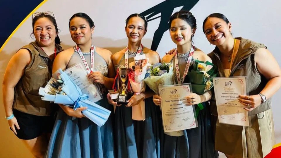 Cagayan de Oro's Sayaw Movement Studio delegation—instructors Chrissa Guico and Chesca Guico with dancers Sam Asuncion, Kree Daodaoang, and Anika Quiblat—celebrate their gold medal win at the MNL Dance Prix in Taguig City. The studio represented Northern Mindanao against more than 1,000 dancers nationwide. (Photo courtesy of Sayaw Movement Studio)