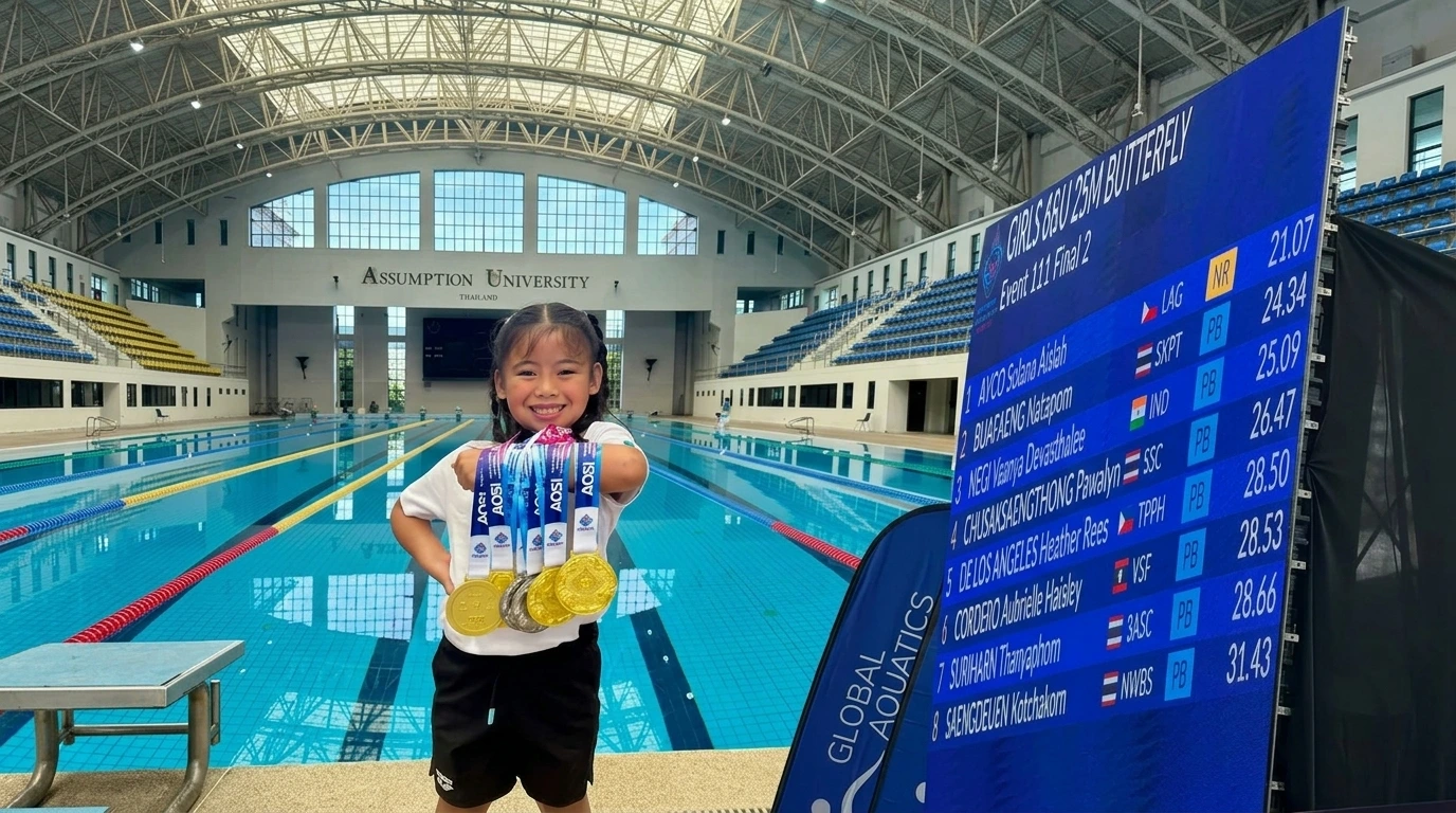 Young Philippine swimmer Solana Aislah “Daday” Ayco poses with her gold and silver medals at Assumption University in Bangkok, Thailand. The Valencia City, Bukidnon native set a tournament record of 21.07 seconds in the 25-meter butterfly during the 3rd Asian Open Schools Invitational Short Course Swimming Championships.