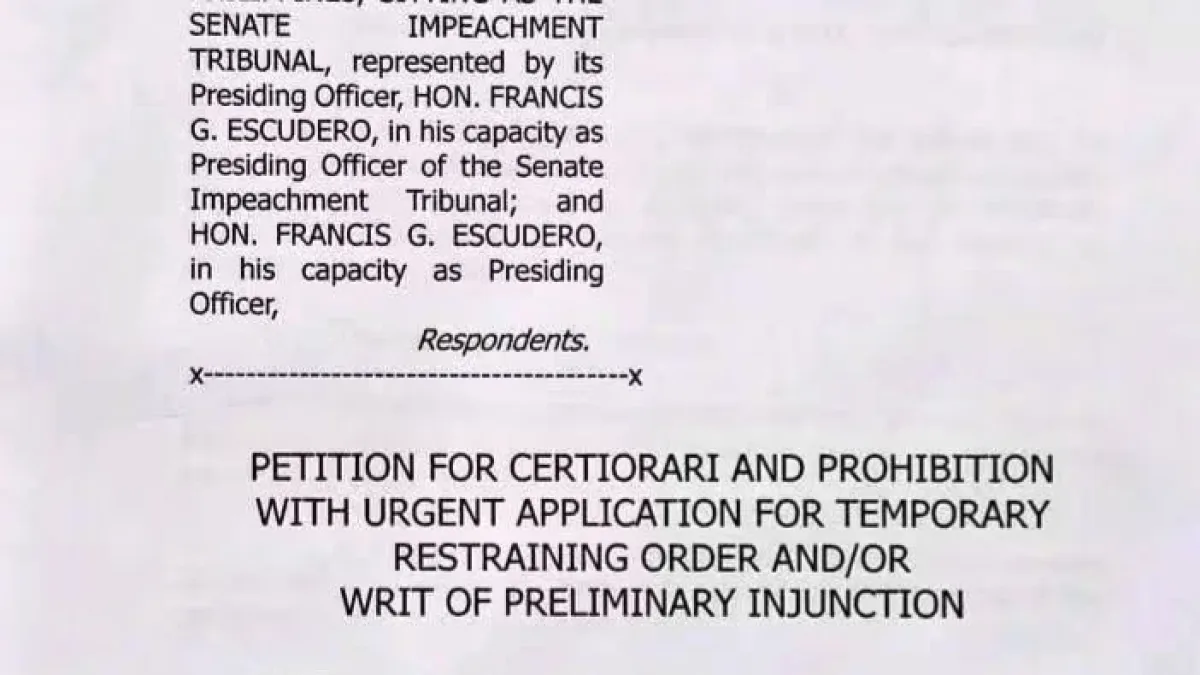 The cover page of the Petition for Certiorari and Prohibition filed by Victor D. Rodriguez before the Supreme Court of the Philippines against the Senate sitting as an Impeachment Tribunal.