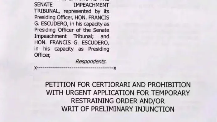 The cover page of the Petition for Certiorari and Prohibition filed by Victor D. Rodriguez before the Supreme Court of the Philippines against the Senate sitting as an Impeachment Tribunal.