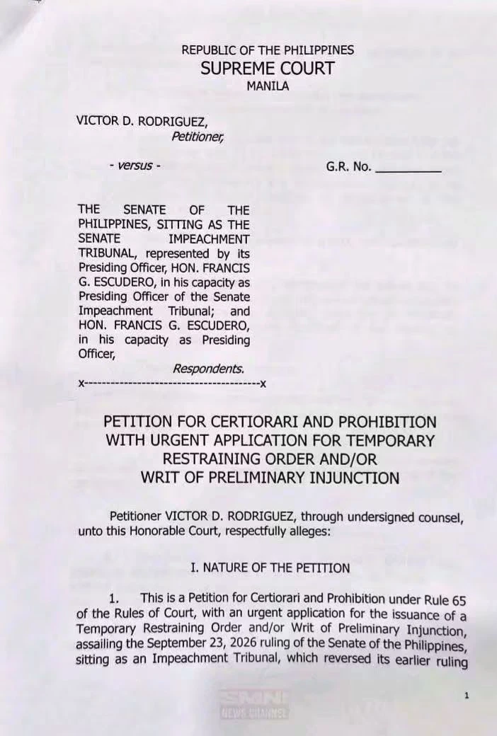 The cover page of the Petition for Certiorari and Prohibition filed by Victor D. Rodriguez before the Supreme Court of the Philippines against the Senate sitting as an Impeachment Tribunal.